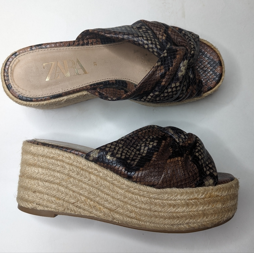 Zara Jute Espadrille Platform Sanda Size 37 Brown Snake 6.5